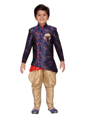 Blue printed jacquard boys-sherwani 1