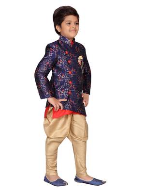 Blue printed jacquard boys-sherwani 4