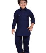 Blue plain cotton boys-kurta-pyjama