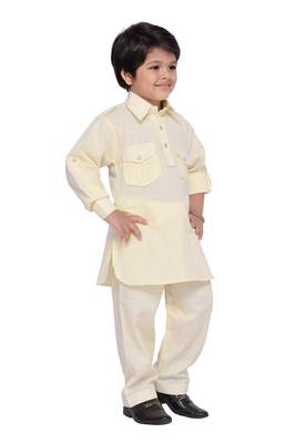 Beige plain cotton boys-kurta-pyjama 5
