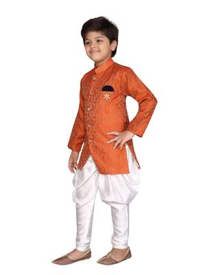 Orange printed jaquard boys-sherwani 2