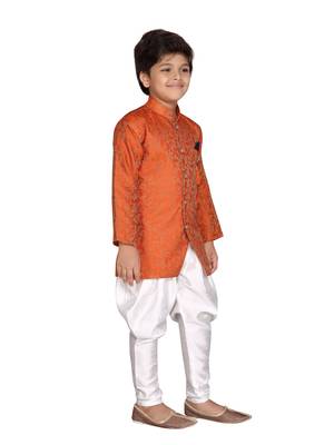 Orange printed jaquard boys-sherwani 5
