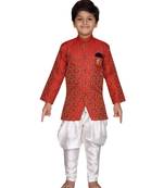 Red printed jaquard boys-sherwani