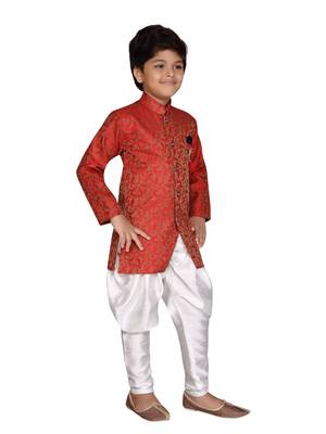 Red printed jaquard boys-sherwani 4