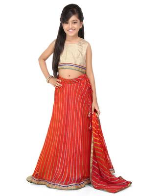 Glod Broced Top Red Printed Gorget Laherya Lehenga Set 1
