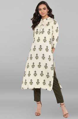 Janasya Cream printed rayon ethnic kurti with Narrow Pant 1