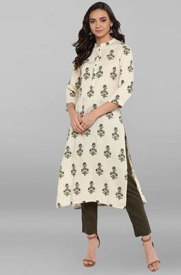 Janasya Cream printed rayon ethnic kurti with Narrow Pant 2