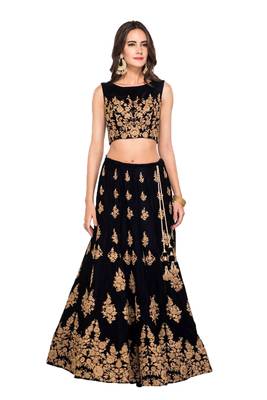 Black embroidered velvet semi stitched lehenga 2