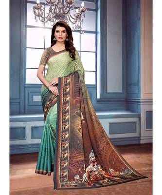 Green printed art silk saree with blouse 1