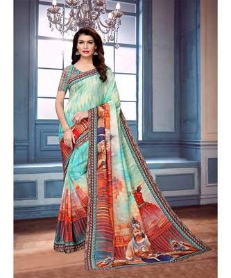 Green printed art silk saree with blouse 1