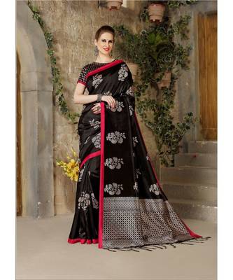 Black printed Art Silk saree with blouse 1