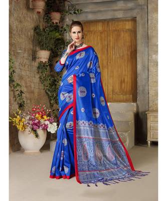 Blue printed Art Silk saree with blouse 1