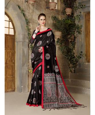 Black printed Art Silk saree with blouse 1
