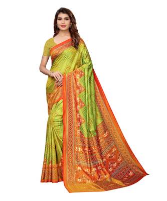 Green printed Silk blend saree with blouse 1