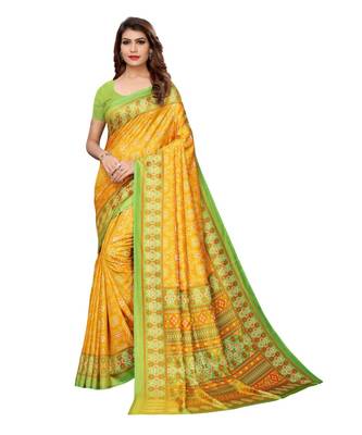 Yellow printed Silk blend saree with blouse 1