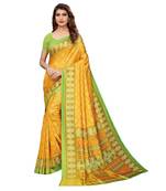 Yellow printed Silk blend saree with blouse