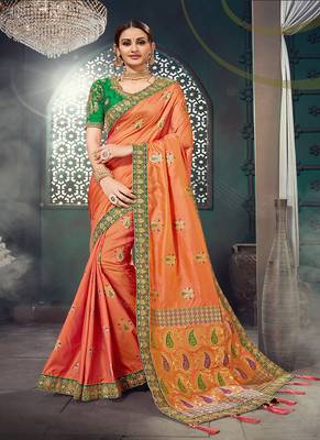   light orange embroidered bhagalpuri silk blend saree with blouse 1