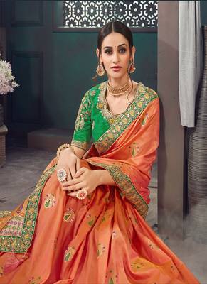   light orange embroidered bhagalpuri silk blend saree with blouse 2