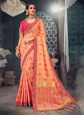 Peach embroidered bhagalpuri silk blend saree with blouse 1