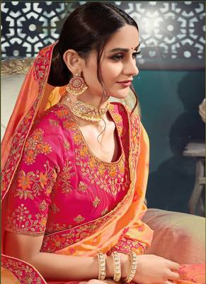 Peach embroidered bhagalpuri silk blend saree with blouse 2