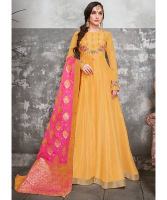 yellow embroidered silk blend unstitched salwar with dupatta 1