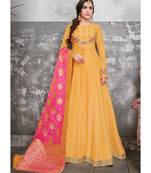 yellow embroidered silk blend unstitched salwar with dupatta