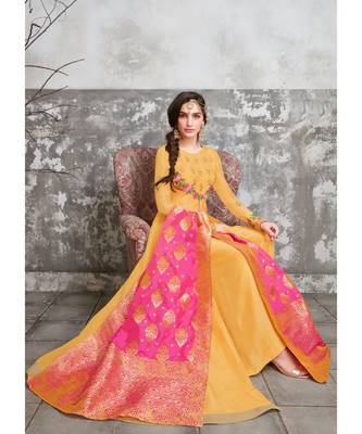 yellow embroidered silk blend unstitched salwar with dupatta 2