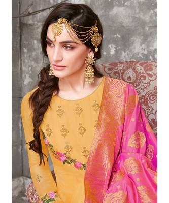 yellow embroidered silk blend unstitched salwar with dupatta 3