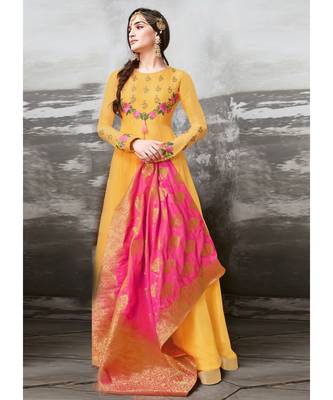 yellow embroidered silk blend unstitched salwar with dupatta 4
