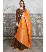 BROWN embroidered silk blend unstitched salwar with dupatta