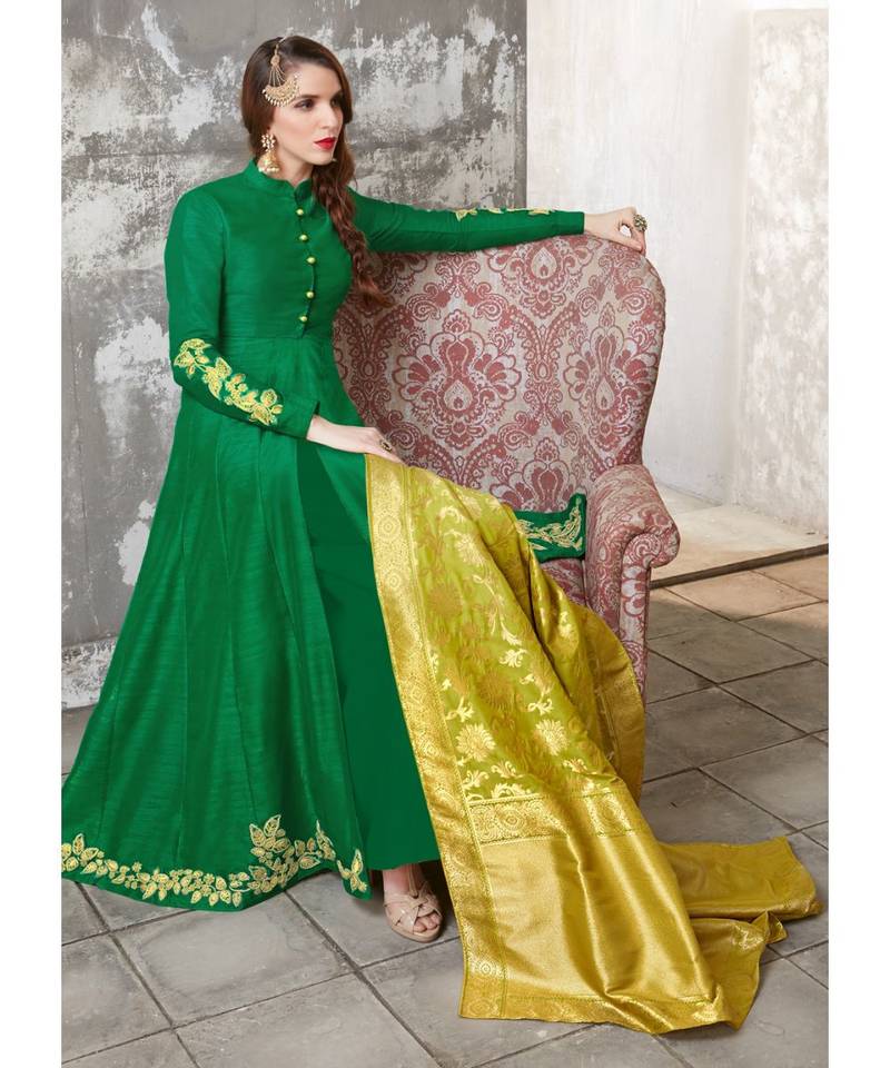 green embroidered silk blend unstitched salwar with dupatta - Jinaam Dress Ltd - 2956064 green embroidered silk blend unstitched salwar with dupatta - Jinaam Dress Ltd - 2956064