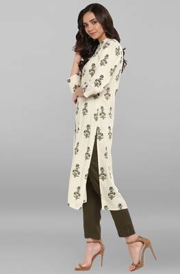 Janasya Cream printed rayon ethnic kurti with Narrow Pant 3