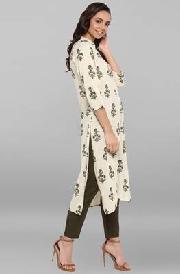Janasya Cream printed rayon ethnic kurti with Narrow Pant 4