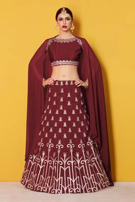 Maroon Embroidered Art Silk Unstitched Lehenga 1