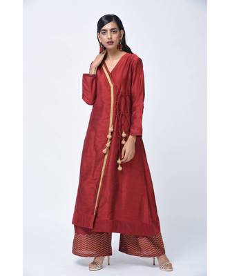 Red Embroidered Art Silk Stitched Kurta Sets 1