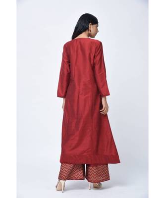 Red Embroidered Art Silk Stitched Kurta Sets 2