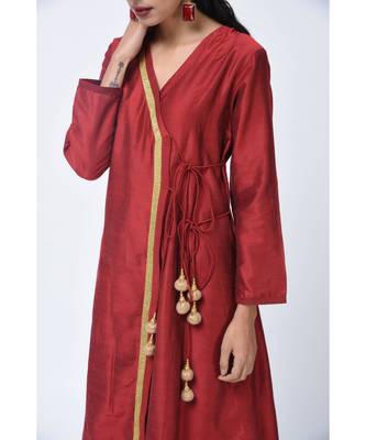 Red Embroidered Art Silk Stitched Kurta Sets 3