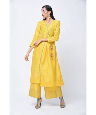 Yellow Embroidered Art Silk Stitched Kurta Sets 1