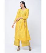 Yellow Embroidered Art Silk Stitched Kurta Sets