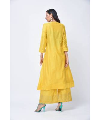 Yellow Embroidered Art Silk Stitched Kurta Sets 2
