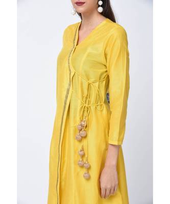Yellow Embroidered Art Silk Stitched Kurta Sets 3