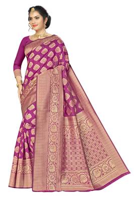 Wine Woven Banarasi Silk Saree With Blouse 1
