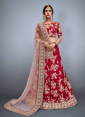 Red Embroidered Art Silk Semi Stitched Lehenga 1