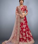 Red Embroidered Art Silk Semi Stitched Lehenga