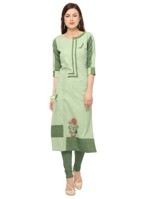 Light Green Khadi Cotton Embroidery Straight Casual Wear Kurti 1