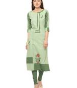 Light Green Khadi Cotton Embroidery Straight Casual Wear Kurti