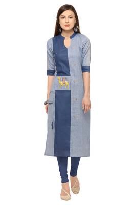 Light Blue Khadi Cotton Embroidery Straight Casual Wear Kurti 1
