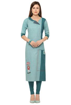 Turquoise Khadi Cotton Embroidery Straight Casual Wear Kurti 1