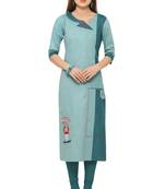 Turquoise Khadi Cotton Embroidery Straight Casual Wear Kurti