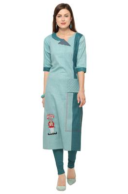 Turquoise Khadi Cotton Embroidery Straight Casual Wear Kurti 2